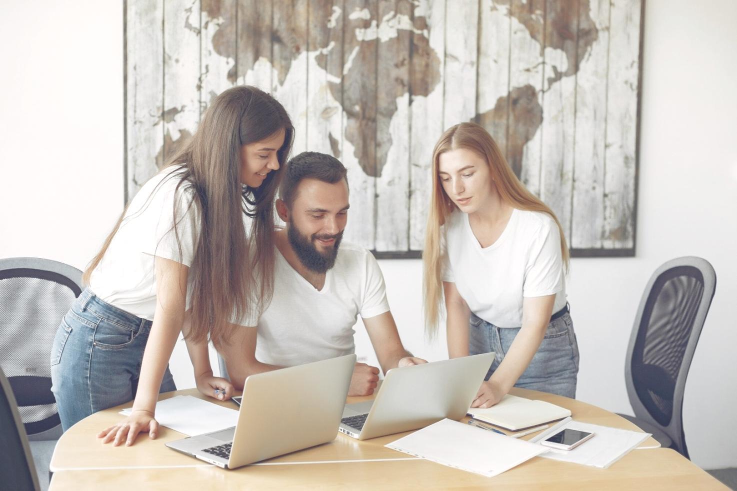 Business professionals collaborating in modern workspace